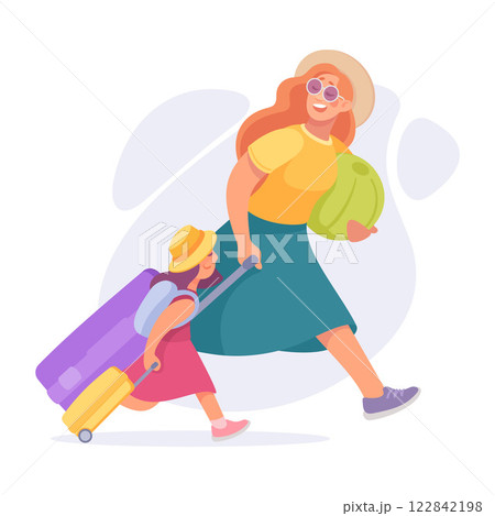 Tourism with Woman Character with Kid with Suitcase Vector Illustration Tourism with Woman Character with Kid with Suitcase Vector Illustration 122842198