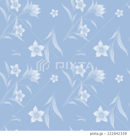 Seamless White Flowers Pattern Blue Background 122842339