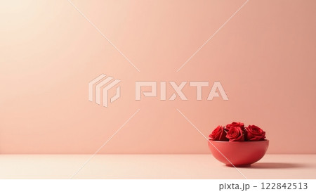 Butons of roses in a red bowl on a pink background. Minimalism. 122842513
