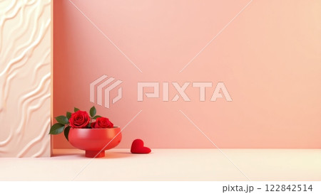Butons of roses in a red bowl on a pink background. Minimalism. 122842514