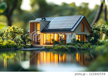 miniature eco house with solar panels by the lake, warm interior lighting reflecting in water, surrounded by greenery 122842559