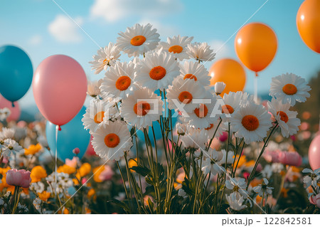 white daisies in full bloom with colorful balloons floating in the background, creating a bright and joyful outdoor celebration scene 122842581