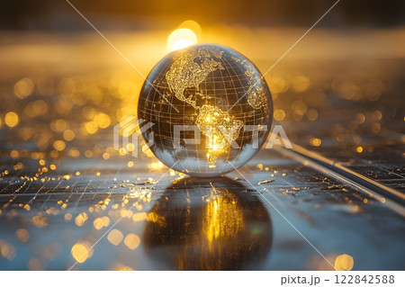 glass globe reflecting golden sunlight on wet solar panels, symbolizing global renewable energy 122842588
