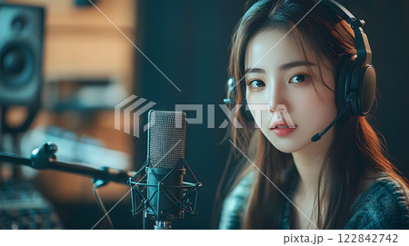 young asian woman with long brown hair wearing professional headphones and speaking into a studio microphone, recording a podcast or voiceover in a modern soundproof studio 122842742