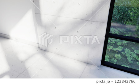 empty interior room shadow wall space background mock up architecture sunlight. empty home modern window light floor design apartment white house indoor. blank minimal concept backdrop bright clean. 122842766