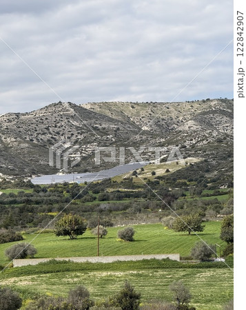 Alternative types of electricity generation, solar panels, wind power generation. Electricity production system from natural sources, renewable energy. 122842907