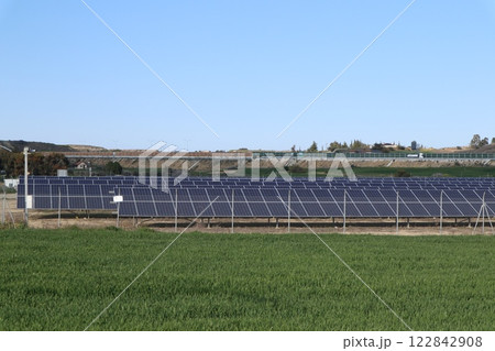 Alternative types of electricity generation, solar panels, wind power generation. Electricity production system from natural sources, renewable energy. Alternative types of electricity generation, solar panels, wind power generation. Electricity production system from natural sources, renewable energy. 122842908
