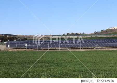 Alternative types of electricity generation, solar panels, wind power generation. Electricity production system from natural sources, renewable energy. 122842910
