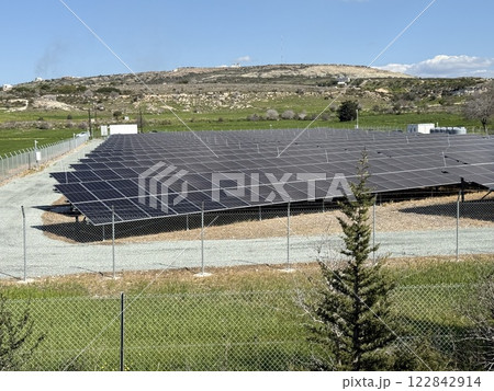 Alternative types of electricity generation, solar panels, wind power generation. Electricity production system from natural sources, renewable energy. 122842914