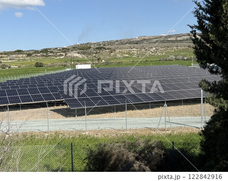 Alternative types of electricity generation, solar panels, wind power generation. Electricity production system from natural sources, renewable energy. Alternative types of electricity generation, solar panels, wind power generation. Electricity production system from natural sources, renewable energy. 122842916