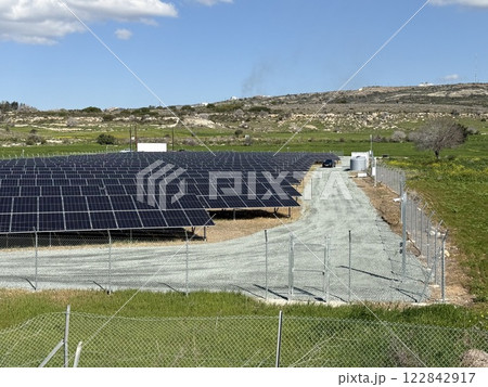 Alternative types of electricity generation, solar panels, wind power generation. Electricity production system from natural sources, renewable energy. Alternative types of electricity generation, solar panels, wind power generation. Electricity production system from natural sources, renewable energy. 122842917