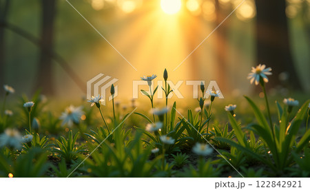 wildflowers blooming in the morning sunlight in a forest meadow, bathed in golden rays, symbolizing renewal, growth, and the peaceful beauty of nature awakening 122842921