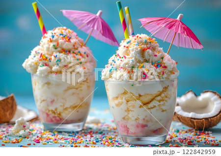 Two glasses of coconut ice cream with colorful sprinkles, paper umbrellas and straws, enjoying summer vibes 122842959