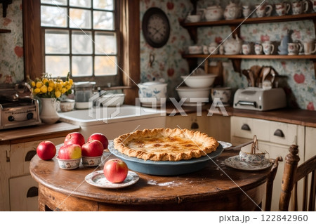 Freshly baked apple pie sitting on kitchen table in rustic farmhouse kitchen 122842960