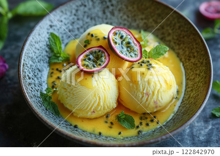Delicious passion fruit ice cream with mango sauce and mint leaves being served in a ceramic bowl Delicious passion fruit ice cream with mango sauce and mint leaves being served in a ceramic bowl 122842970