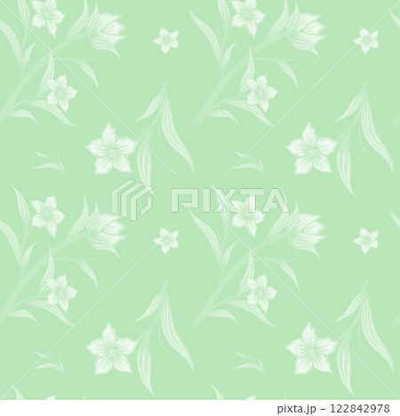 Elegant Spring Seamless Pattern with White Flowers & Botanical Leaves on Light Green Background 122842978