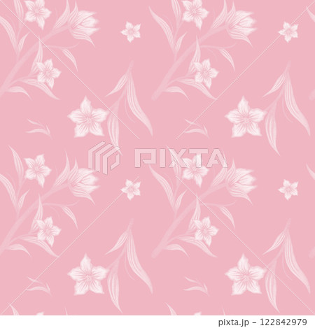 Elegant Spring Seamless Pattern with White Flowers & Botanical Leaves on Light Pink Background 122842979