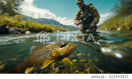 Fisherman catching brown trout in river, split view above and below water surface 122843031