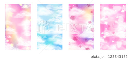 Collection of four dreamy sky-inspired backgrounds in pastel hues. Includes clouds, glowing stars, floating hearts, and soft floral elements. Perfect for social media stories, romantic designs 122843183