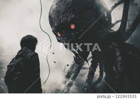 Vintage japanese movie poster featuring 1970s ufo horror theme with giant alien creature and dark atmosphere for retro design or collection 122843533