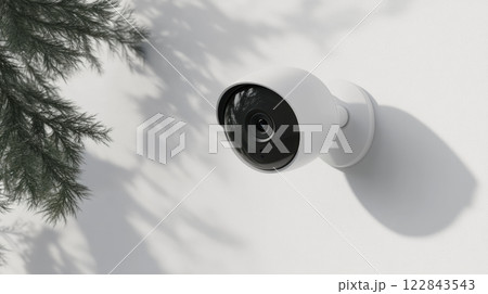 Modern white security camera mounted on wall in outdoor setting with tree shadows highlighting sleek design and advanced surveillance technology Modern white security camera mounted on wall in outdoor setting with tree shadows highlighting sleek design and advanced surveillance technology 122843543