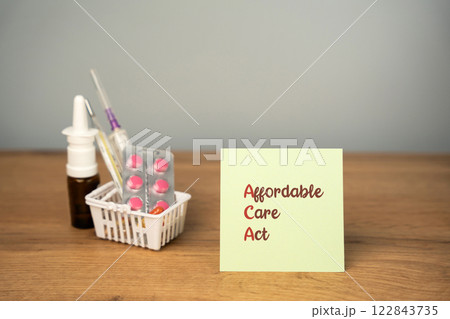 Affordable Care Act, ACA concept. Healthcare law at expanding health insurance coverage, reducing costs, and improving healthcare quality. Notes and a basket of pills 122843735