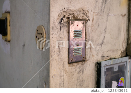 This is a detailed close up of a door featuring a doorbell on it This is a detailed close up of a door featuring a doorbell on it 122843951