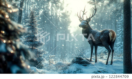 Strong male noble deer in winter snowy forest, wood. Artistic winter Christmas landscape. Cinematic wildlife photo shoot in wintertime cold season. This is AI-generated item 122844709