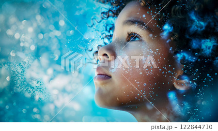 Small dark skinned boy with curly dark hair dreamily looking up against blue sky. A child is dreaming, visualizing, fantasizing. Magic, miracle idea. This is AI-generated item 122844710
