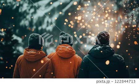 Company of guys friends in wintertime. People back view in winter park in cold season. Garland lights in Christmas, New year trip. Magic evening. This is AI-generated item 122844713