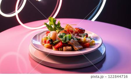Plate with Pan-Asian food in neon light 122844716