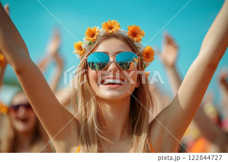 Smiling woman enjoying summer festival with friends 122844727