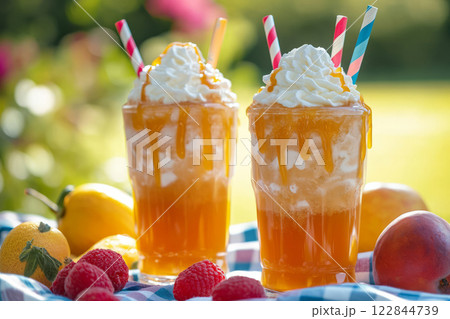 Refreshing caramel ice cream soda with whipped cream 122844739