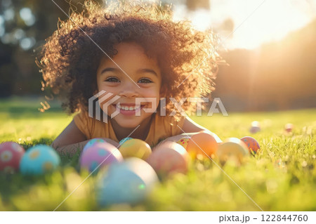 Smiling Girl Lying on Grass with Colorful Easter Eggs 122844760