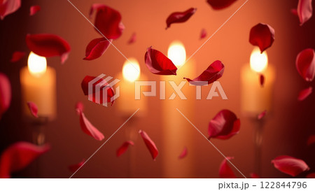 Rose petals falling down against the background of burning candles 122844796