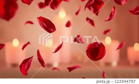Rose petals falling down against the background of burning candles 122844797