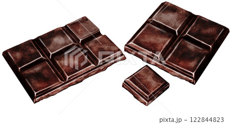 Chocolate watercolor set. Hand drawn slice of dark chocolate bar on isolated white background. Clip art of sweet dessert. Ideal for logo and packaging of sweets, coffee shop menu and recipes Chocolate watercolor set. Hand drawn slice of dark chocolate bar on isolated white background. Clip art of sweet dessert. Ideal for logo and packaging of sweets, coffee shop menu and recipes 122844823