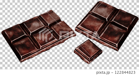 Chocolate watercolor set. Hand drawn slice of dark chocolate bar on isolated white background. Clip art of sweet dessert. Ideal for logo and packaging of sweets, coffee shop menu and recipes Chocolate watercolor set. Hand drawn slice of dark chocolate bar on isolated white background. Clip art of sweet dessert. Ideal for logo and packaging of sweets, coffee shop menu and recipes 122844823