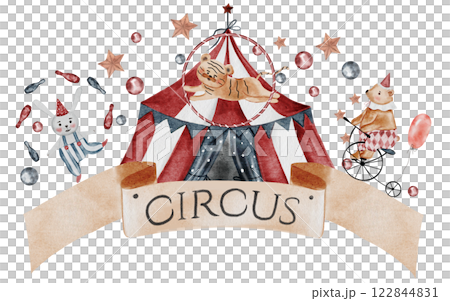 Circus watercolor banner. Hand drawn cute animal on isolated white background. Clip art of bear on bicycle, bunny and tiger cub. Perfect for cards for baby shower and birthdays 122844831