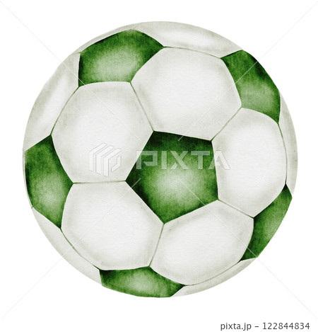 Soccer ball watercolor. Football ball hand drawn illustration isolated on white background. Sports equipment. For football club logo, poster and football match tickets 122844834