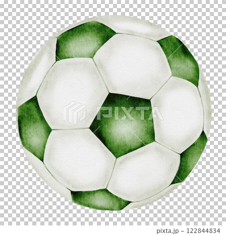 Soccer ball watercolor. Football ball hand drawn illustration isolated on white background. Sports equipment. For football club logo, poster and football match tickets 122844834