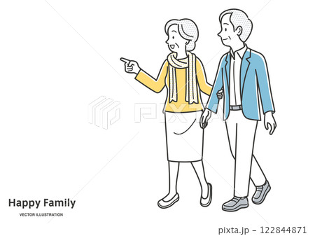 笑顔で会話しながら散歩するシニア夫婦のイラスト素材 122844871