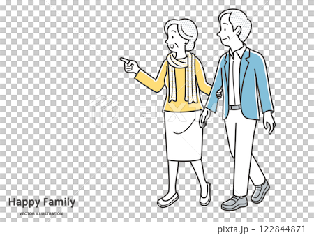 笑顔で会話しながら散歩するシニア夫婦のイラスト素材 122844871