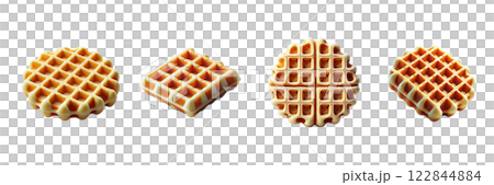 Crispy waffle slices with lattice pattern, top view, side view isolated on transparent background, PNG file. Perfect for layouts or food presentations Crispy waffle slices with lattice pattern, top view, side view isolated on transparent background, PNG file. Perfect for layouts or food presentations 122844884
