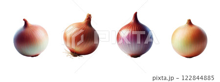 Fresh organic onions with their roots and tops, top view isolated on transparent background, PNG file. Perfect for mockup templates or educational designs 122844885