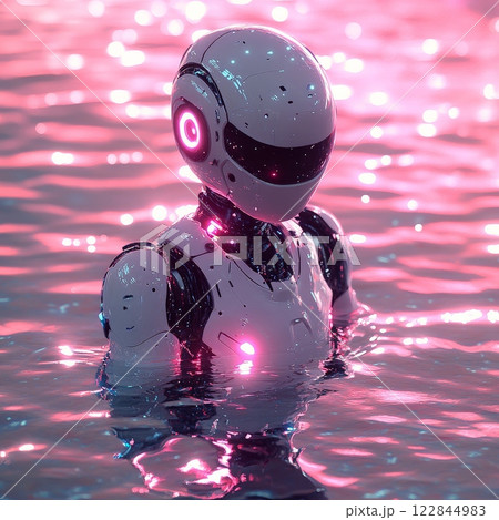 Futuristic robot emerging from pink neon water 122844983