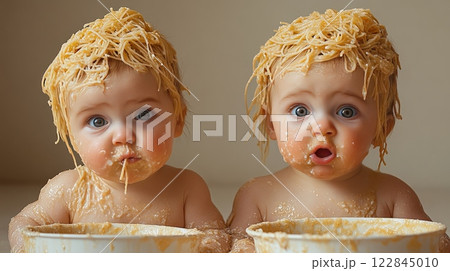 Two cute babies eating spaghetti making a mess 122845010
