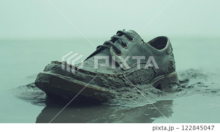 Old leather shoe sinking in mud on a misty day 122845047