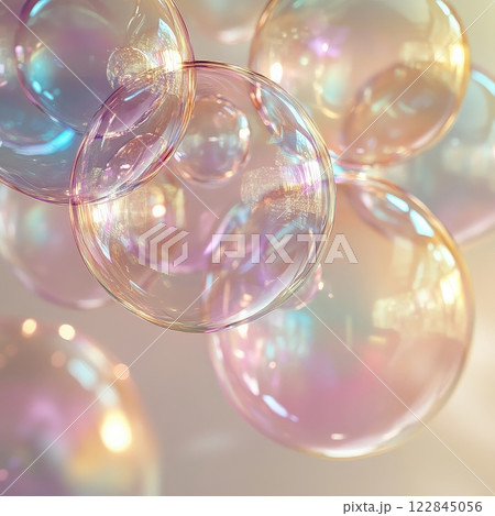 Many iridescent soap bubbles floating and creating an abstract pattern 122845056