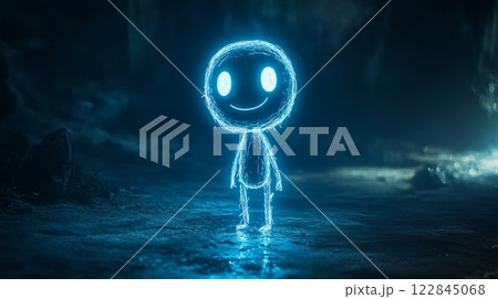 Glowing stick figure character illuminating dark cave 122845068